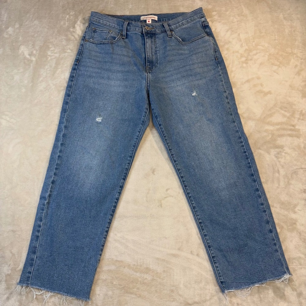 Lucky Brand 90s Loose High Rise Crop Jeans 8/29 Medium Wash Raw Hem Distressed
